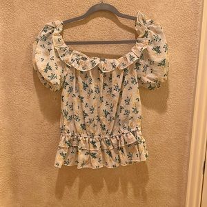 Floral-Print Embroidery Ruffle Top